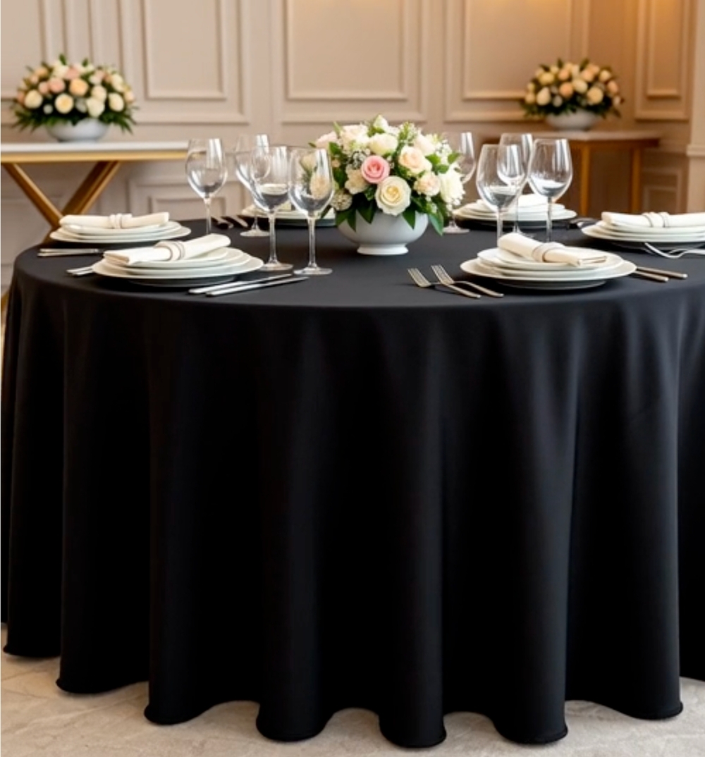 E-TEX132" Round Table Cover Polyester Fabric Tablecloth Black Circular Linen NIP